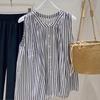 Estilo Artístico Vintage Rayas Verticales Blancas y Negras Sin Mangas Algodón Lino Chaleco Camisa Mujer Nuevo Verano Camisa Estilo Vacaciones Top