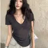 Estilo Sexy de Verano de Alto Nivel, Puro Deseo, Delgado, Ligeramente Transparente, Sexy Cuello en V Camiseta Moda Femenina Clavícula Manga Corta Top