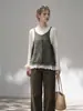 Camisola de punto de encaje estilo coreano para mujer, principios de otoño, cuello redondo, botones de madera, top corto sin mangas en capas