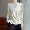 Nueva camiseta de punto bordada estilo chino con cuello redondo, capa interior versátil de manga larga para mujer, top chic estilo chino
