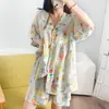 2026 Nuevo Pijama de Algodón y Seda de Longitud Larga para Casa, Ropa de Dormir de Algodón Artificial, Traje de Aire Acondicionado Estilo Cárdigan con Cuello en V, Ropa para el Hogar