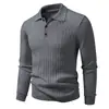 Camisa de Punto Polo con Cuello Solapa para Hombre, Suéter de Manga Larga con Raya Vertical Texturizada, Top Básico Casual de Negocios Ajustado para Primavera y Otoño