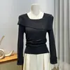 Elegante Camiseta de Punto con Hombros Descubiertos y Mangas Largas para Mujer, Moda de Primavera, Corte Ajustado, Camisa Básica Versátil, Top Único