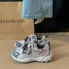 Tênis esportivos casuais femininos, versáteis e confortáveis, estilo coreano, malha colorida em blocos, respiráveis, com cadarço, sola grossa, estilo "dad shoes"