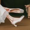 Estilo francês Lindos sapatos de salto alto damasco femininos All-match strass bico quadrado salto médio raso sapatos de camada única sapatos femininos para madrinhas