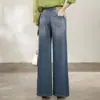 Sudu Nueva Moda Parche Lateral Bordado Pantalones Anchos Sueltos Jeans de Mezclilla Lyocell Algodón Lavado Azul Retro para Mujer