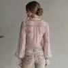 Camisa retro de estilo vintage para mujer con ribete de encaje, cuello en V, mangas acampanadas, entallada en la cintura, top sexy de gasa de manga larga
