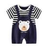 Macacão de verão para bebê recém-nascido, manga curta, listrado, estampado, urso, roupas falsas de duas peças, roupas de lebre, roupas de escalada