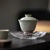 Moji Ice Glaseado de Mesa Relieve Suihan Sanyou Tazón con Tapa Sala de Té Hogar Cerámica Tazón de Té Liso Elegante y Resistente Tazón con Tapa