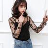 Camiseta básica de malla transparente para mujer Nuevo estilo coreano malla interior negra pequeña sexy top de malla jersey manga larga