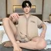 Pijama de Verano para Hombre Algodón Manga Corta Shorts Cárdigan Conjunto Delgado Moda Kimono Rayado Ropa de Casa Juvenil