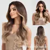 Peruca de fibra sintética de alta temperatura, cor mista castanho-dourada com mechas, estilo europeu e americano, cabelo longo ondulado cacheado, repartido no meio, volumoso, pode ser estilizada, peruca de cabeça inteira