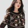 Novo Suéter de Malha Fair Isle em Caxemira para Mulheres, Elegante Gola Redonda Pulôver com Padrão de Veado, Caimento Solto, Suéter de Outono e Inverno