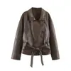 Comercio exterior transfronterizo de Amazon 2026 chaqueta de cuero marrón para mujer, fresca y elegante, de venta caliente, con cuello de solapa, botones diagonales y cinturón para ceñir la cintura