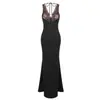 Em estoque Vestido sereia preto de renda com alças em V, caimento justo, drapeado, vestido de noite longo, vestuário feminino transfronteiriço
