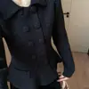 Abrigo suéter de punto brillante de manga larga, estilo coreano con cuello polo, estilo francés ajustado, de doble botonadura