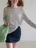 Estilo Coreano Transparente Hielo Seda Delgado Manga Larga Tejido Protección Solar Aire Acondicionado Cubre Top Hombros Descubiertos Camiseta Mujer Bloque de Color Rayado Verano