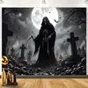 Tapiz de fondo decorativo de Halloween con parca oscura, calavera, calabaza malvada, patrones de castillo fantasma para fotografía de fiesta