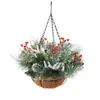 Rama de Pino Navideña con Bayas Cesta Colgante Cesta de Flores Colgante Exterior Hogar Balcón Palmera de Coco Maceta Guirnalda de Ratán Decoración