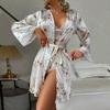 Pijama Transfronteiriça Estilo Europeu e Americano Longa Sexy Tamanho Grande Camisola Feminina Roupão de Banho Seda Gelo Conjunto de Roupa de Casa de Manga Comprida 389