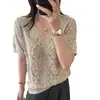 Suéter de Punto para Mujer con Patrón de Diamantes Cielo Estrellado, Diseño Calado de Cuello en V, Manga Corta, Tejido Fino de Verano, Nuevo Estilo, Holgado, Adelgazante, Camiseta Superior