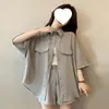 Conjunto de camiseta de verano nueva y shorts de cintura elástica para mujer talla grande, mezcla de algodón-poliéster gris y caqui