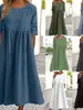Comercio Exterior Transfronterizo 2026 Primavera/Verano Nuevo Estilo Cuello Redondo Manga Corta Talla Grande Casual Holgado Largo Color Sólido Vestido de Algodón y Lino
