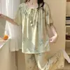 Conjunto de Pijama de Algodón y Seda para Mujer Primavera y Verano Holgado con Cordón en el Cuello Múltiples Colores Múltiples Formas de Usar Manga Corta Pantalón Largo Ropa de Casa