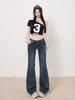 Jeans Azul-Cinzento Estilo Americano Cintura Baixa Micro-Boca de Sino para Mulheres 2025 Verão e Outono Novo Elástico Justo Versátil Calças Sino
