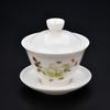 Branco Jade Porcelana Tampa Tigela Chá Xícara Dehua Pintado à mão Azul e Branco Cerâmica Tea Bowl Kung Fu Tea Set Suet Jade Tea Bowl Três talentos