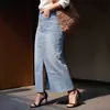 Saia Jeans Yuyuan Estilo Europeu e Americano Novo, Versátil, Slim Fit, com Fenda, Saia Longa para Mulheres, em Estoque, Fornecimento Direto, Múltiplas Cores Disponíveis