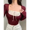Al por mayor transfronterizo Otoño Invierno Estilo Pura Pasión Encaje Patchwork Cuello Cuadrado Adelgazante Chica Caliente Ajuste Delgado Camiseta de Manga Larga Top para Mujer