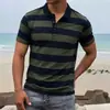 Camisa Polo Masculina de Manga Curta Listrada com Gola Lapela Moda Casual Camiseta Estampada Digital com Botão Pulôver Camisa Polo Masculina de Manga Curta