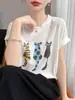 Camiseta Top Feminina Malha Fina Lyocell 2026 Primavera/Verão Nova Curta Solta Gola Redonda Estampada Moda Punho Manga Curta