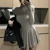 Nuevo Vestido Sexy de Manga Larga y Cuello Alto para Mujer en Otoño e Invierno, Adelgazante, Cintura Fruncida, Falda Plisada, Falda Ultra Corta