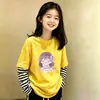 Camiseta de manga larga de algodón puro para niña, look de dos piezas para primavera y otoño, cuello redondo, camiseta básica elegante, top a rayas de moda versátil estilo coreano