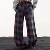 Pantalones de cuadros de bloques de color estilo retro americano de pierna ancha para mujer, pantalones casuales versátiles de otoño sueltos con cordón, pantalones rectos versátiles