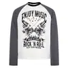 Camiseta de manga larga con estampado de guitarra de rock americana, mangas raglán a rayas, botones diagonales, estilo corto vintage, top unisex