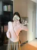 Top de lana con cuello para mujer con rayas acanaladas verticales, suéter de punto calado, top de punto rosa con forro de encaje