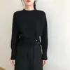 Estilo simple, diseño de abertura lateral, suéter de punto redondo para mujer, adecuado para primavera, otoño e invierno, longitud corta, perfecto como capa interior o capa base