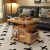 Mesa de Centro Móvel de Madeira Maciça, Mesa de Chá Multifuncional Ajustável, Carrinho Dobrável para Apartamento Pequeno, Mesa de Chá, Sofá, Mesa de Jantar, Uso Duplo, Madeira Natural
