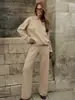Conjunto de Dos Piezas: Suéter con Solapa Transfronterizo + Pantalones de Pierna Ancha Traje de Suéter Tejido Trenzado Nuevo Otoño e Invierno 2025 Europeo y Americano