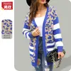 Comercio Exterior Transfronterizo Nuevo Estilo Europeo y Americano Suéter Abrigo de Punto para Mujer de Longitud Media Estampado de Leopardo Rayado Serie Otoño e Invierno Cárdigan de Punto para Mujer