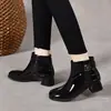 Botines de punta redonda, Botas Martin para mujer, Otoño e Invierno 2026, Hebilla cuadrada, Pedrería, Tacón grueso, Botas de cuero para mujer, Forro de felpa, Zapatos de algodón cálidos, Botas de algodón