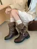 Botas de Temporada Primer Encuentro para Mujer 2026 Otoño Nuevas Botas Retro de Suela Gruesa Color Melange Bloque de Color Plisadas Tacón Grueso Media Pantorrilla
