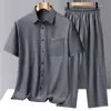 Conjunto de Camisa de Cetim com Tecido Rachado de Manga Curta para Homens de Meia-Idade e Idosos, Roupa de Verão para o Pai, Camisa Casual Fina de Seda Gelada