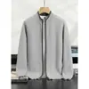 Suéter de cachemira grueso de lujo para hombre, chaqueta de punto casual de negocios con bloques de color y cárdigan de cuello alto