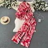 Traje Estampado Estilo Europeo y Americano para Mujer, Camisa de Manga Larga tipo Linterna + Pantalones de Pierna Recta Ancha con Cintura Elástica, Artístico, de Moda y Casual