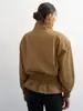 Jaqueta Curta de Trabalho com Gola Alta, Ombros Caídos, Mangas Largas Soltas, Punhos Ajustados, Bainha com Cordão, Design Plissado, Casaco Casual à Prova de Vento