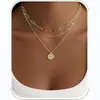 Collar Europeo y Americano Transfronterizo Multicapa Apilable para Mujer Cadena para Clavícula Colgante Geométrico Redondo Dorado Joyería de Colgante de Moda Versátil con Temperamento